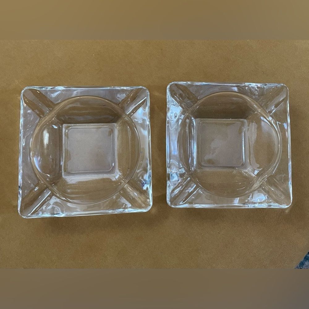 Vintage 2 Clear Square Glass Ashtray MCM